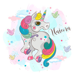 Obraz premium Magic unicorn.My baby. Fairy pony. Rainbow mane. Cartoon-style Vector