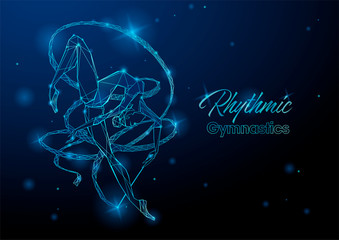 Rhythmic gymnastics. A gymnast with a ribbon. Futuristic neon glowing illustration. Vector.