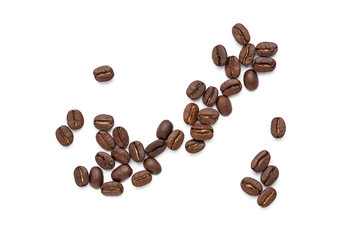 top view of coffee beans isolated on white background,