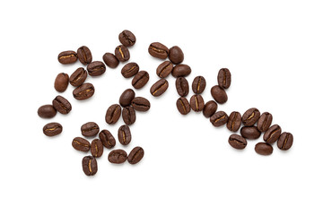 top view of coffee beans isolated on white background,