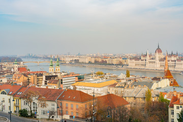Fototapeta na wymiar Aerial view of the Hungarian Parliament Building, River Danube and cityscape
