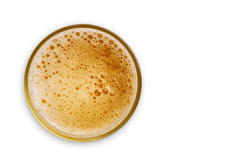 top view of beer bubbles in glass cup on white background. empty space for design. with clipping path.