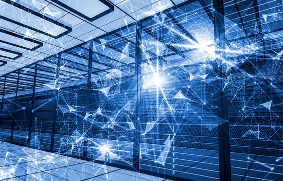 concept of information technology , computing and data storage. Abstract composition with connecting dots and lines and triangles against background of corridor servers in the data center. 3D render