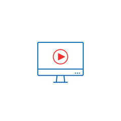 Computer with video player icon, Vector line illustration
