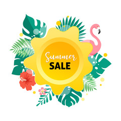 Fototapeta na wymiar Summer sale banner with flamingo and tropical leaves background, exotic floral design for banner, flyer, invitation, poster, web site or greeting card. Vector illustration