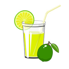 Glass of Fresh Citrus Fruit Juice of Lime and Lemon and a Straw Isolated on White Background , Summer Refreshing Drink with Lime and Lemon Slices, Vector Illustration