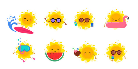 Fun summer elements, sun characters, icons with ice cream, watermelon, surfboard and swimming pool float