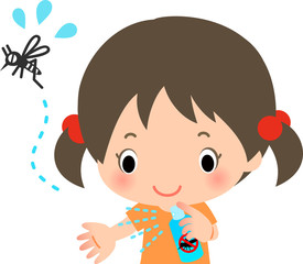 虫除けスプレーを使う女の子と逃げる蚊