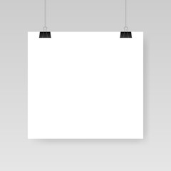 Blank white poster template. Affiche, paper sheet hanging on a clip. Vector advertising banner mockup stand exhibit