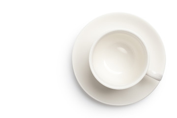 top view of empty white coffee cup or tea cup isolated on white background, copy spec design, this has clipping path.