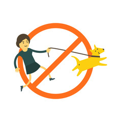 No dogs allowed. Dog walking is prohibited. Sign of the ban in the park. No entry allowed. Woman with a pet.