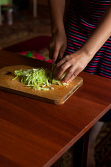 Housewife making a salad from fresh healthy vegetables. Young woman making salad