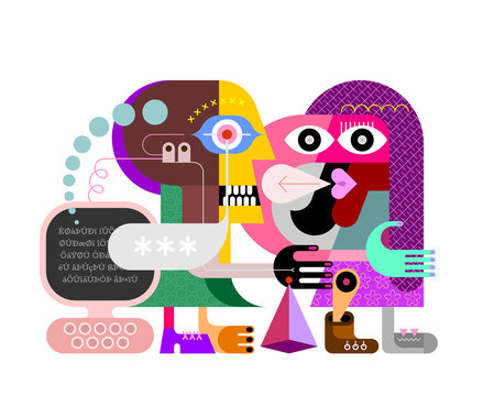 Two Persons and Personal Computer vector illustration