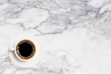 coffee cup, top view of coffee cup on marble table background,