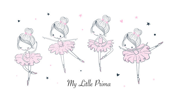 Cartoon dancing ballerina vector illustrations set