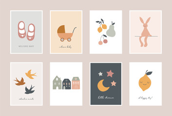 Baby, children, little kids cards, posters in simple, clean modern style. Perfect for nursery decor, fashion design