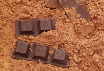 Chocolate bars on and cacao powder background