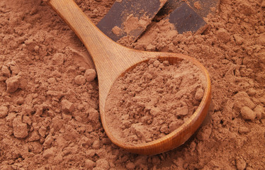 Chocolate bars on and cacao powder  with wooden spoon