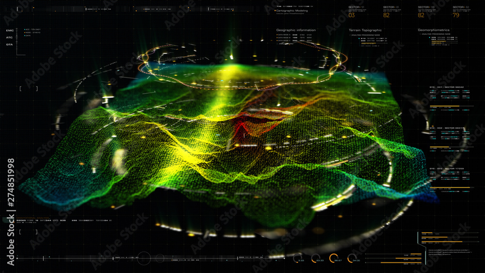 Aufkleber Futuristic Holographic Terrain environment, geomorphology, topography and digital data telemetry information display motion graphic user interface head up display screen