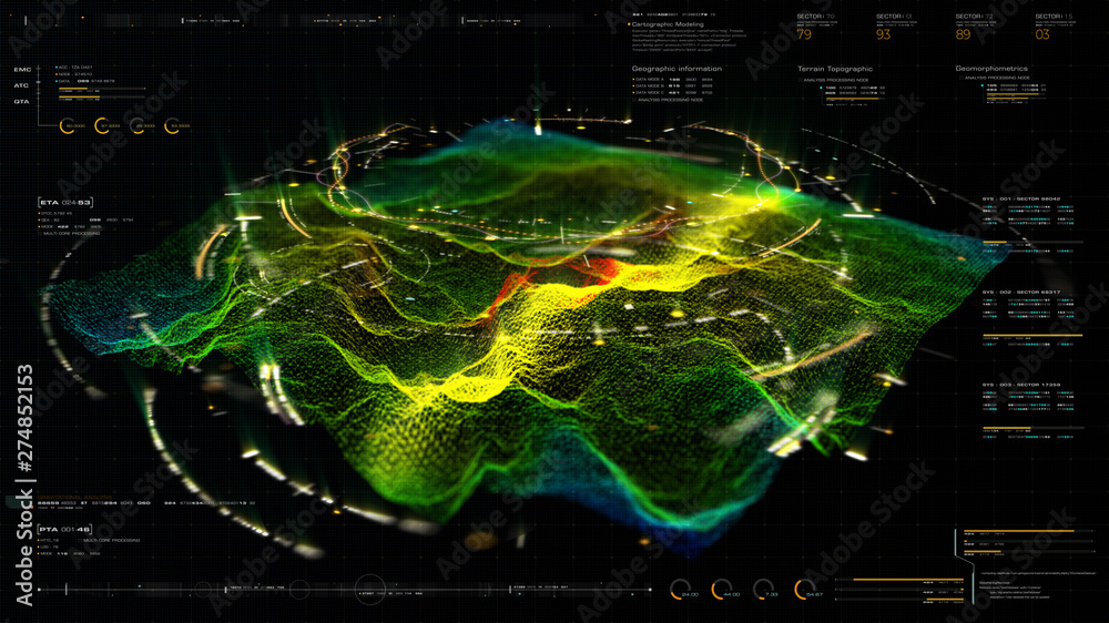 Poster Futuristic Holographic Terrain environment, geomorphology, topography and digital data telemetry information display motion graphic user interface head up display screen