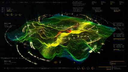 Futuristic Holographic Terrain environment, geomorphology, topography and digital data telemetry information display motion graphic user interface head up display screen