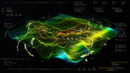 Futuristic Holographic Terrain environment, geomorphology, topography and digital data telemetry information display motion graphic user interface head up display screen - obrazy, fototapety, plakaty