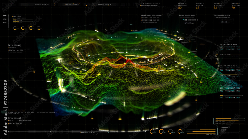 Poster Futuristic Holographic Terrain environment, geomorphology, topography and digital data telemetry information display motion graphic user interface head up display screen