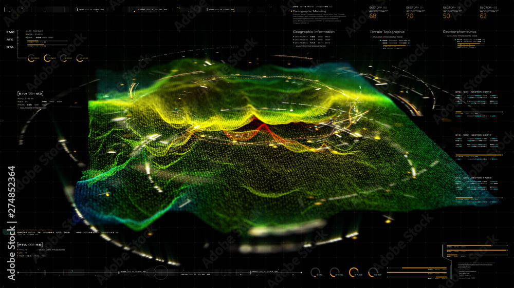 Aufkleber Futuristic Holographic Terrain environment, geomorphology, topography and digital data telemetry information display motion graphic user interface head up display screen