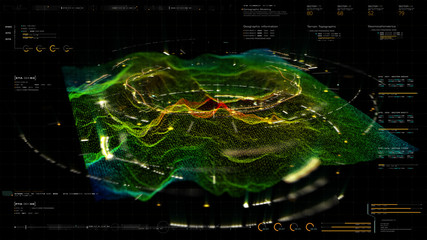 Futuristic Holographic Terrain environment, geomorphology, topography and digital data telemetry information display motion graphic user interface head up display screen - obrazy, fototapety, plakaty