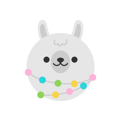 Cute llama round graphic vector icon. White, grey fluffy alpaca, llama with colorful pom poms, animal head, face illustration. 