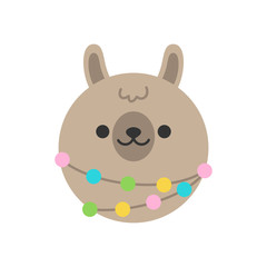 Fototapeta premium Cute llama round graphic vector icon. Brown fluffy alpaca, llama with colorful pom poms, animal head, face illustration. 