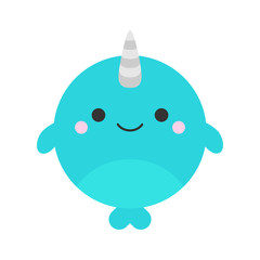 Cute narwhal round graphic vector icon. Blue narwhale with flippers and horn, animal head, face illustration. Isolated. © kikivagnerova