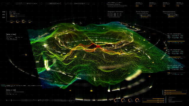 Futuristic Holographic Terrain environment, geomorphology, topography and digital data telemetry information display motion graphic user interface head up display screen