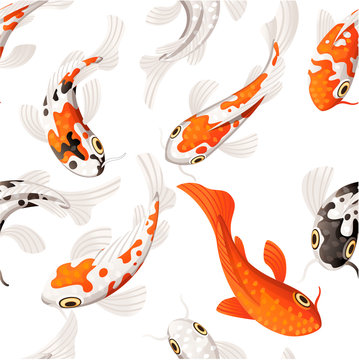 Seamless pattern of Koi carp japanese symbol of luck fortune prosperity red and black dotted koi carp cartoon flat vector illustration on white background