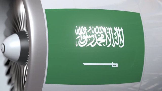 Aircraft engine with flag of Saudi Arabia, Saudi air transportation related 3D animation