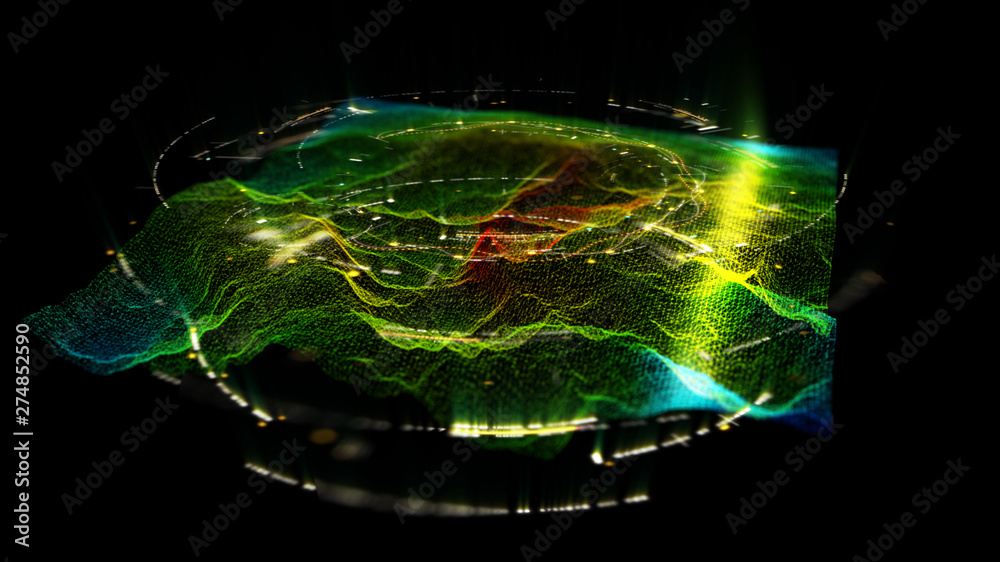 Poster Futuristic Holographic Terrain environment, geomorphology, topography and digital data telemetry information display motion graphic user interface head up display screen