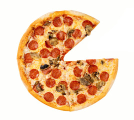 Italian cuisine. Fresh pepperoni pizza. Salami and mushrooms pizza without one slice isolated on white background.