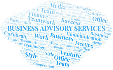 Business Advisory Services word cloud. Collage made with text only.