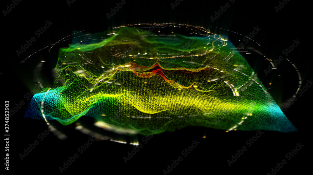 Fototapete Futuristic Holographic Terrain environment, geomorphology, topography and digital data telemetry information display motion graphic user interface head up display screen
