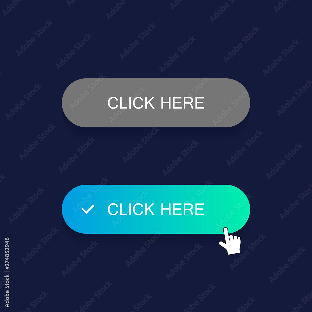 Poster click here button with hand pointer clicking. modern flat style vector illustration