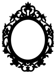 Blank black silhouette of an old wooden baroque frame - concept image with central copy space on white background for easy selection