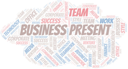 Business Present word cloud. Collage made with text only.