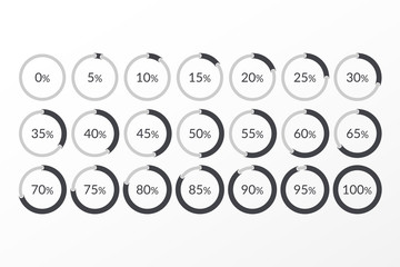 Percentage vector infographic icons. 0 5 10 15 20 25 30 35 40 45 50 55 60 65 70 75 80 85 90 95 100 percent pie chart symbols. Сircle signs for download, web design, business