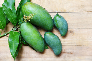 Fresh green mango and green leaves on wooden background / harvest mango raw summer fruit