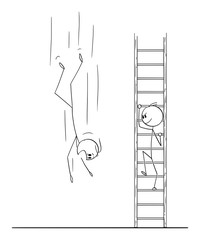 Vector cartoon stick figure drawing conceptual illustration of man or businessman climbing up the ladder while competitor is falling down to ground.