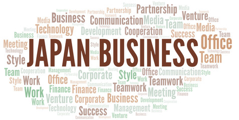 Japan Business word cloud. Collage made with text only.
