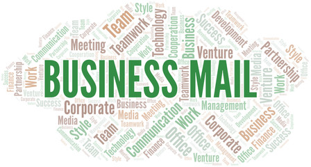 Business Mail word cloud. Collage made with text only.