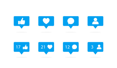 Speech bubble like, follower, comment, notification, heart, user icon set for social media