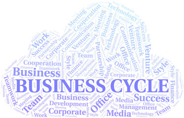 Business Cycle word cloud. Collage made with text only.