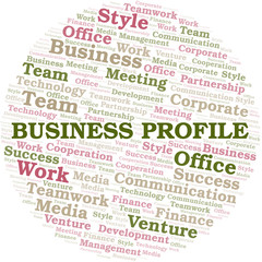 Business Profile word cloud. Collage made with text only.